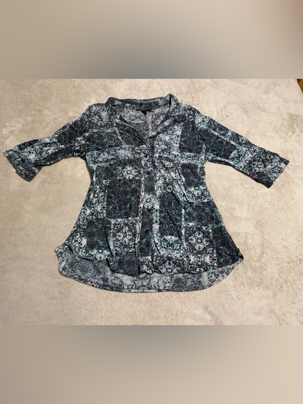 Style & Co. Black and Teal Printed Button-Front Tunic